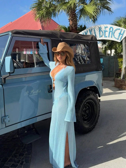 Women's Elegant Long Sleeve Sexy V-Neck Metal Ring Decor Slit Design Knit Dress, Suitable For Beach Vacation, Summer/Autumn