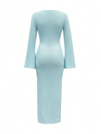 Women's Elegant Long Sleeve Sexy V-Neck Metal Ring Decor Slit Design Knit Dress, Suitable For Beach Vacation, Summer/Autumn