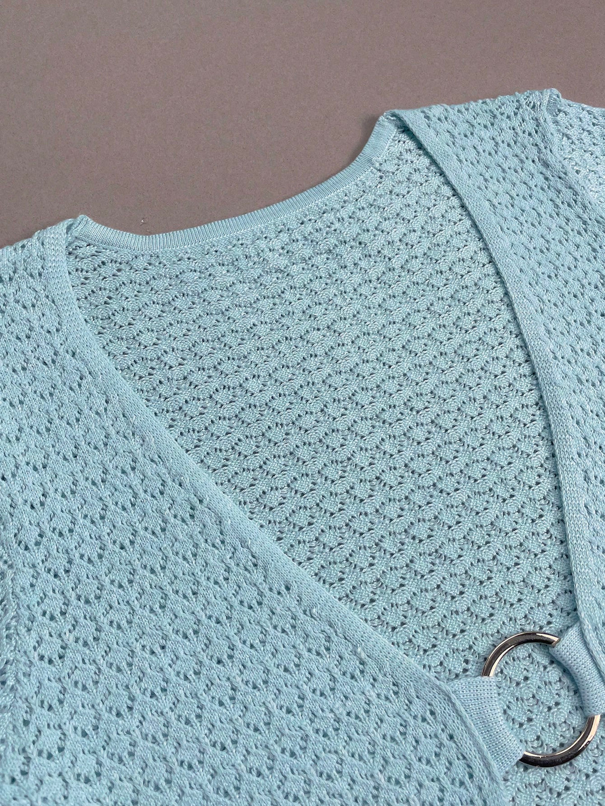 Women's Elegant Long Sleeve Sexy V-Neck Metal Ring Decor Slit Design Knit Dress, Suitable For Beach Vacation, Summer/Autumn