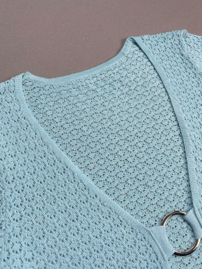 Women's Elegant Long Sleeve Sexy V-Neck Metal Ring Decor Slit Design Knit Dress, Suitable For Beach Vacation, Summer/Autumn