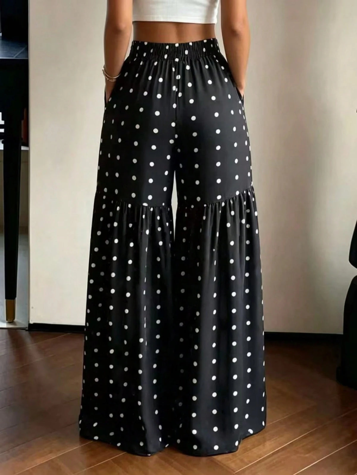 Women's Elegant Polka Dot Print Wide Leg Pants, Comfortable Loose Fit, Suitable For All Seasons Vacation, Resort Wear