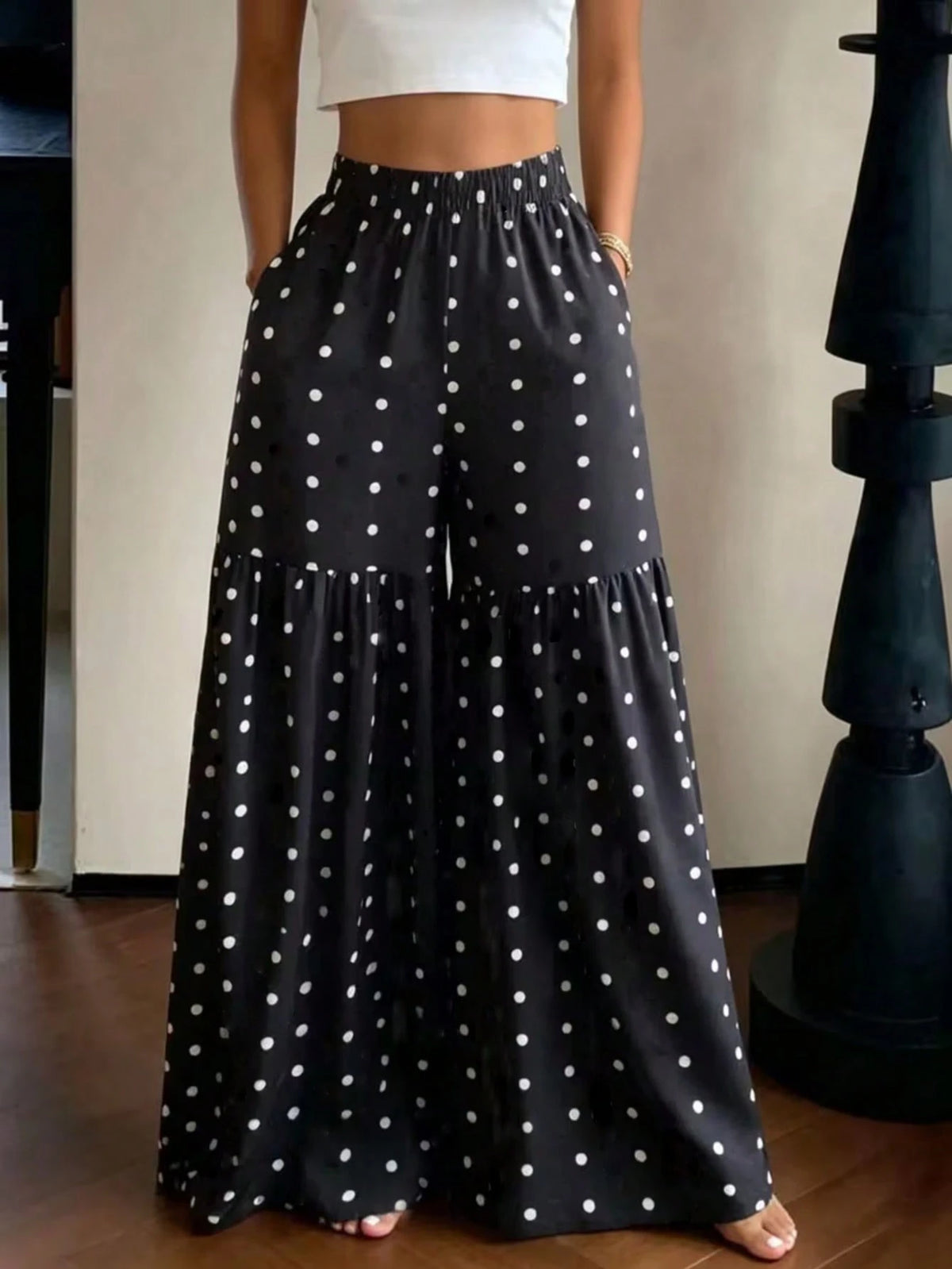 Women's Elegant Polka Dot Print Wide Leg Pants, Comfortable Loose Fit, Suitable For All Seasons Vacation, Resort Wear