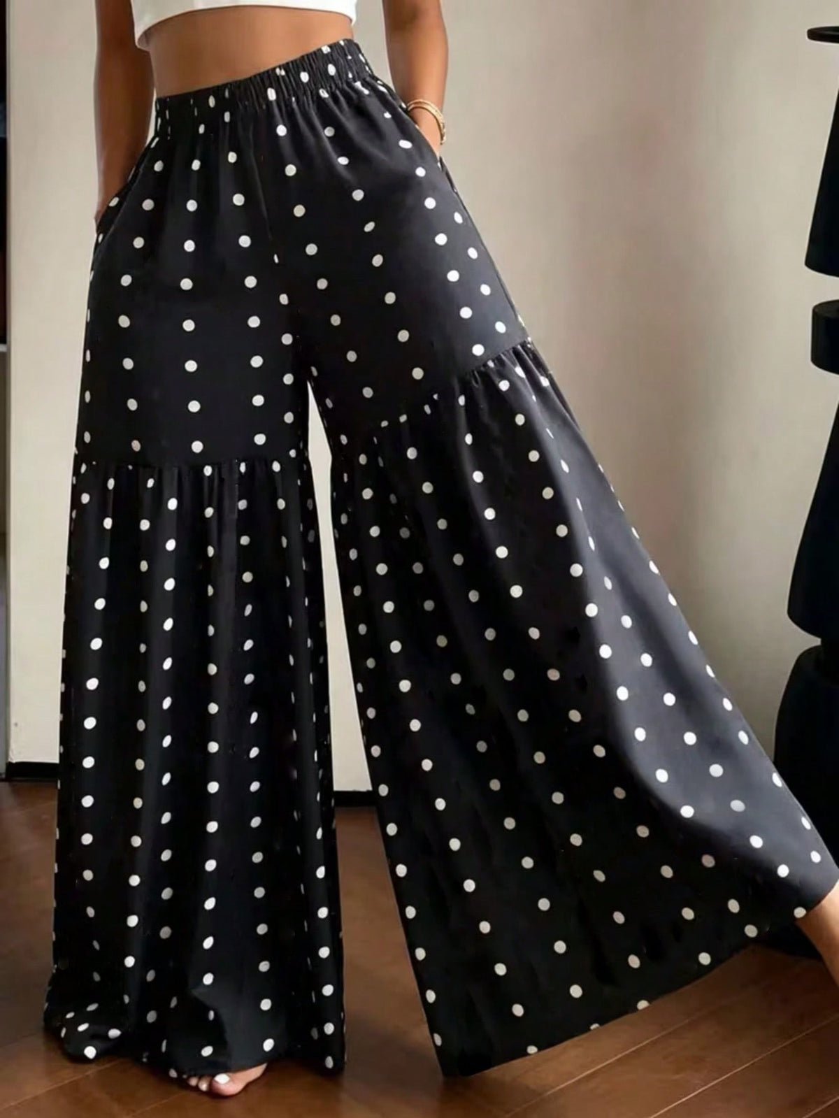 Women's Elegant Polka Dot Print Wide Leg Pants, Comfortable Loose Fit, Suitable For All Seasons Vacation, Resort Wear