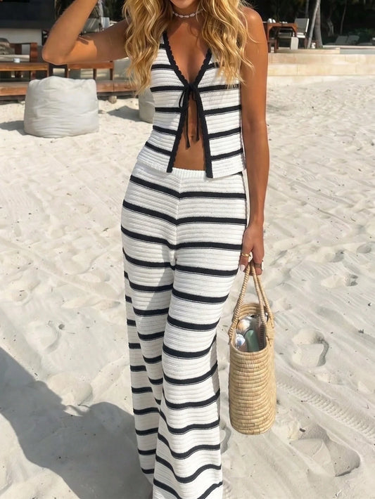 Women's Elegant Spring/Summer Fashion Basic Casual Weekend Holiday Beach Vacation Knit Striped Fitted Contrast Lace Camisole Sleeveless Cardigan And Pants 2-Piece Set White