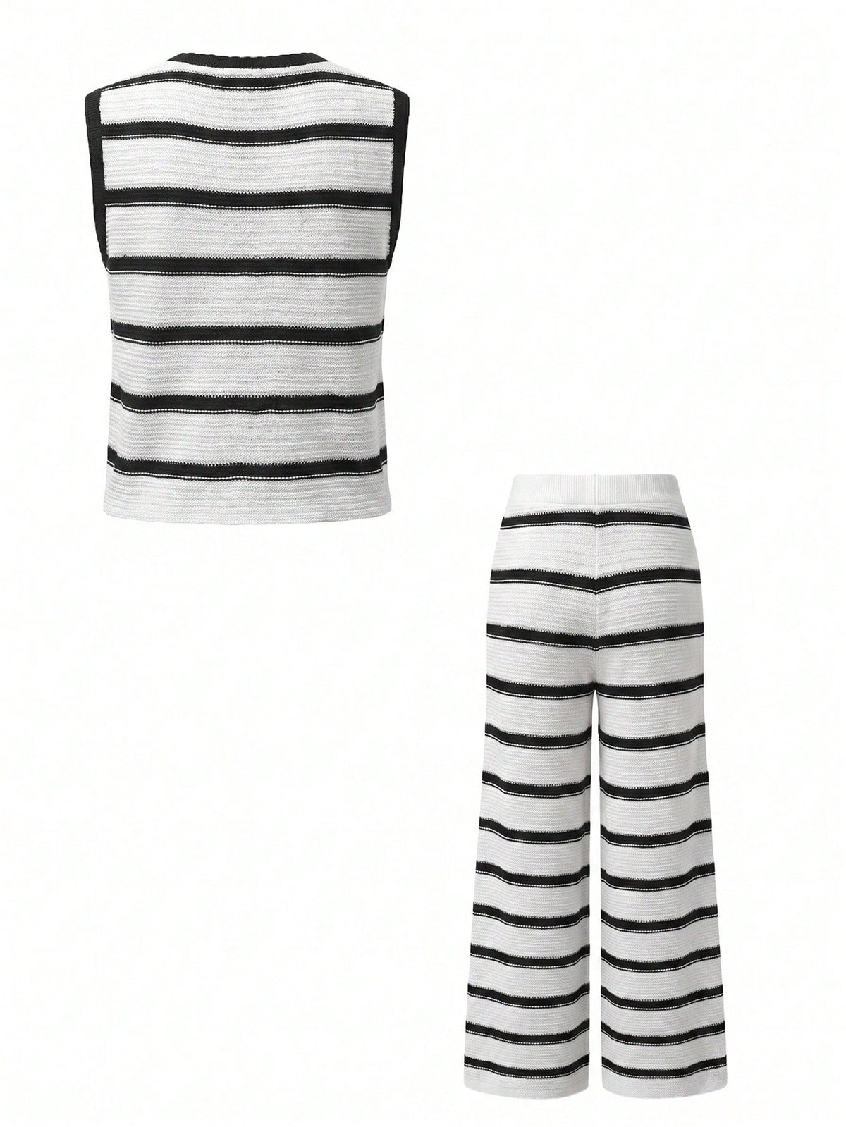 Women's Elegant Spring/Summer Fashion Basic Casual Weekend Holiday Beach Vacation Knit Striped Fitted Contrast Lace Camisole Sleeveless Cardigan And Pants 2-Piece Set White
