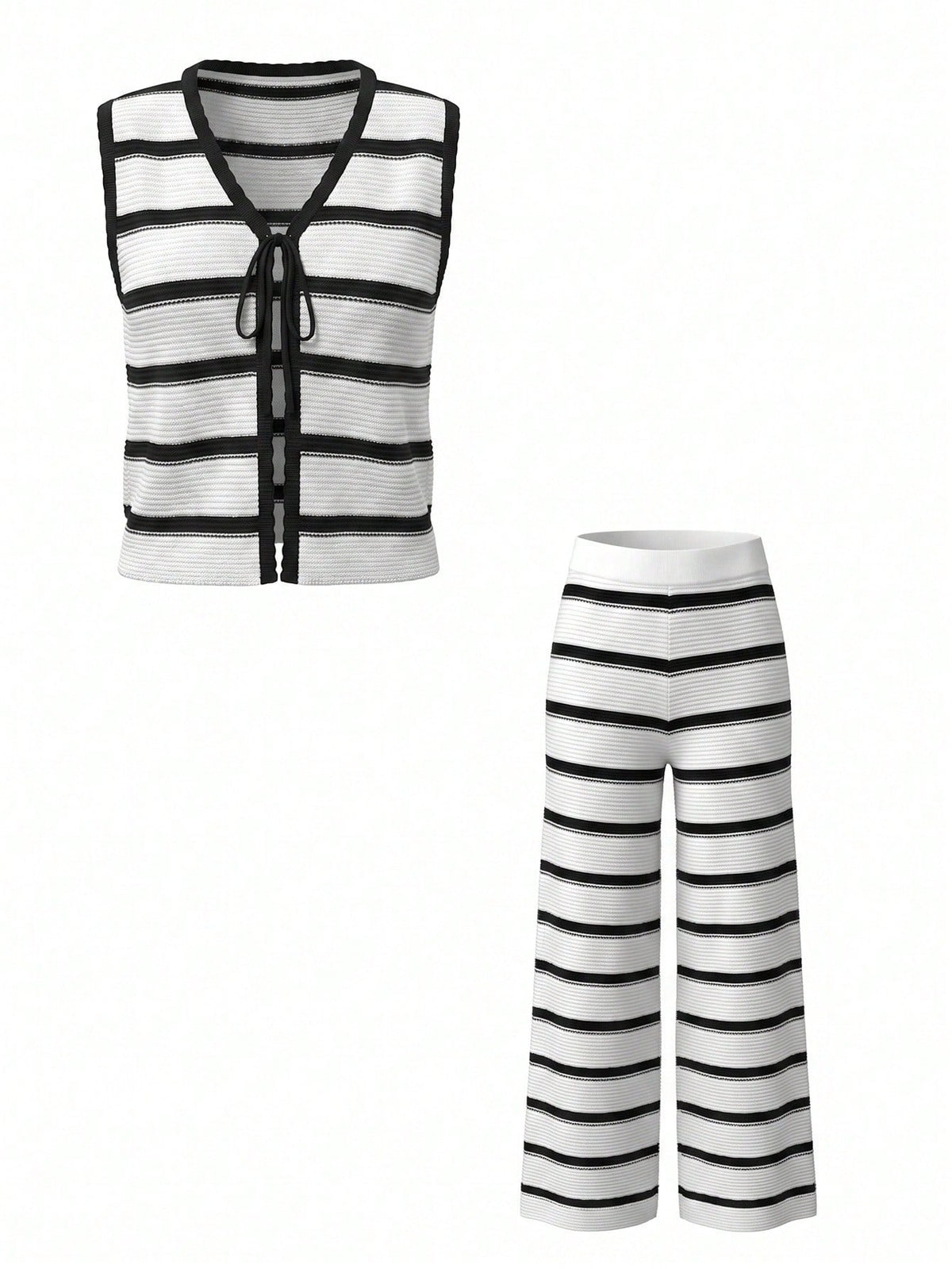 Women's Elegant Spring/Summer Fashion Basic Casual Weekend Holiday Beach Vacation Knit Striped Fitted Contrast Lace Camisole Sleeveless Cardigan And Pants 2-Piece Set White