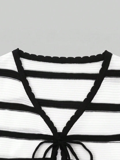 Women's Elegant Spring/Summer Fashion Basic Casual Weekend Holiday Beach Vacation Knit Striped Fitted Contrast Lace Camisole Sleeveless Cardigan And Pants 2-Piece Set White