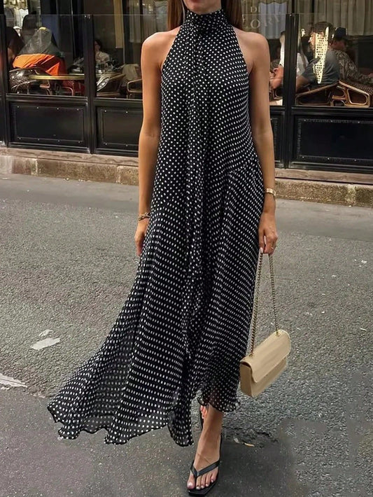 Women's Elegant Vacation Long Polka Dot Dress, Stand Collar Tie-Waist Sleeveless Asymmetric Hem Long Polka Dot Dress, Dotted Sexy Woven Fabric Asymmetric/Asymmetric Tie Vintage Beach Holiday Casual Da