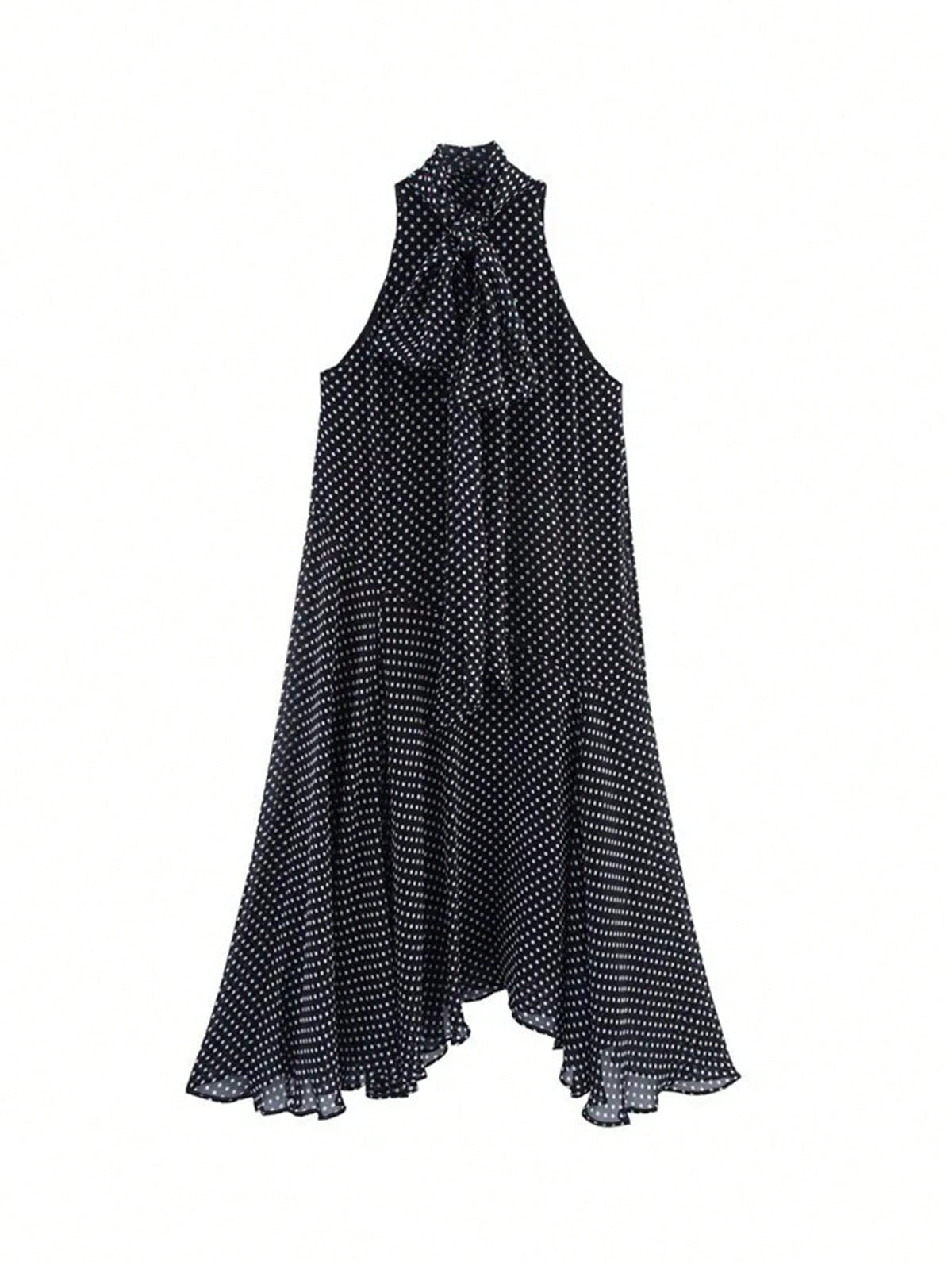 Women's Elegant Vacation Long Polka Dot Dress, Stand Collar Tie-Waist Sleeveless Asymmetric Hem Long Polka Dot Dress, Dotted Sexy Woven Fabric Asymmetric/Asymmetric Tie Vintage Beach Holiday Casual Da