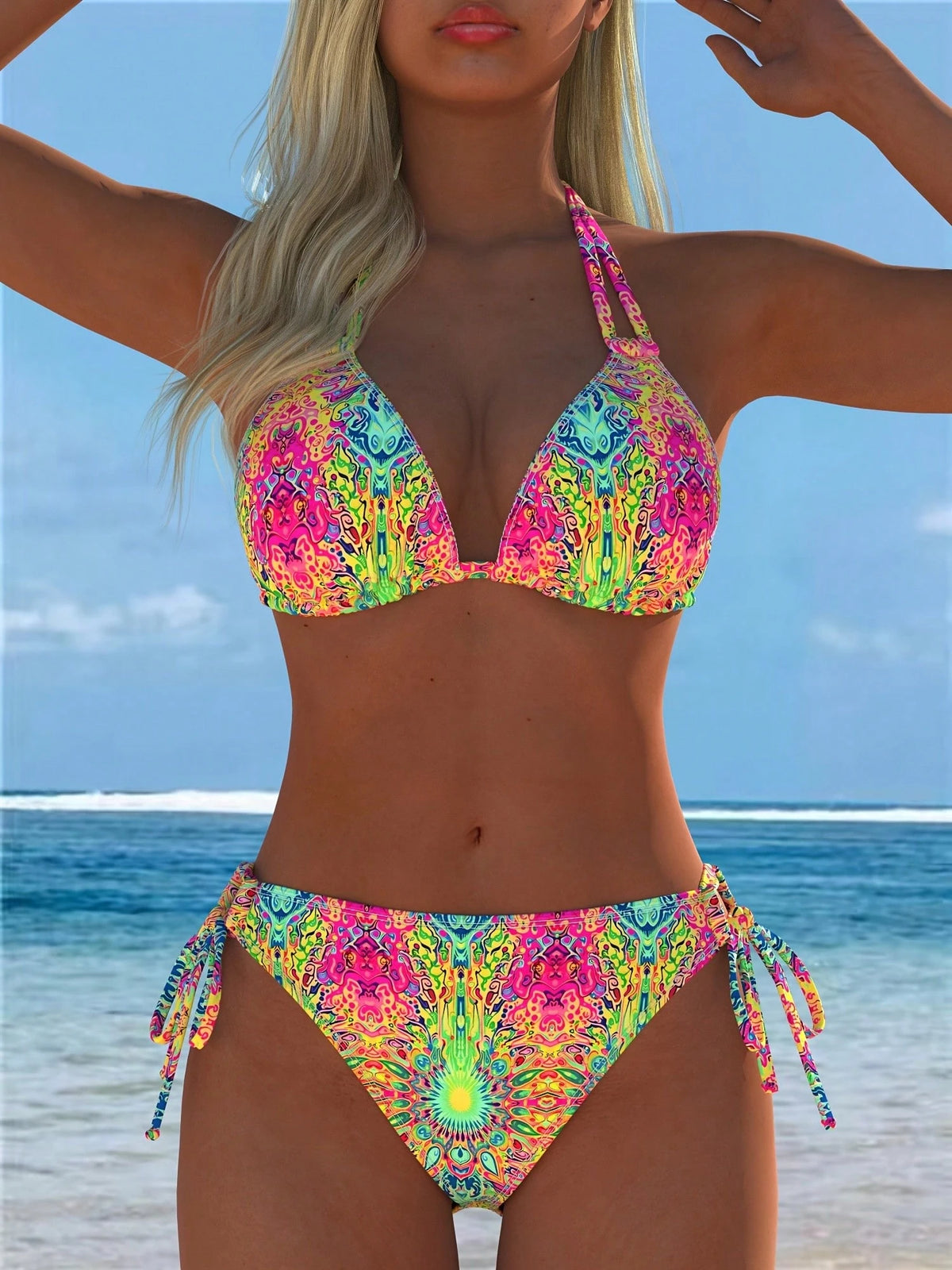 Women's Fashion 2-Piece Bikini Set, Random Print Spliced Spaghetti Straps Adjustable Shoulder Straps Summer Beach Pool Vacation Outfit