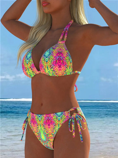 Women's Fashion 2-Piece Bikini Set, Random Print Spliced Spaghetti Straps Adjustable Shoulder Straps Summer Beach Pool Vacation Outfit