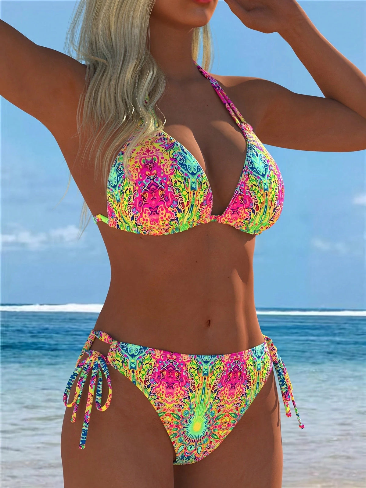 Women's Fashion 2-Piece Bikini Set, Random Print Spliced Spaghetti Straps Adjustable Shoulder Straps Summer Beach Pool Vacation Outfit