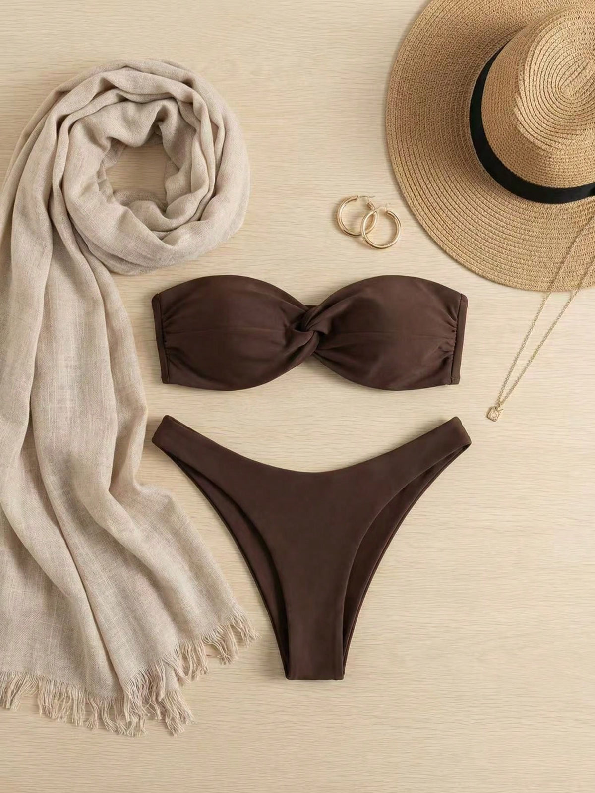 Women's Fashion Bandeau Twist Bikini, High Cut Thong, Backless Swimwear Vacation Beach Summer