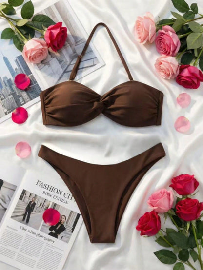 Women's Fashion Bandeau Twist Bikini, High Cut Thong, Backless Swimwear Vacation Beach Summer