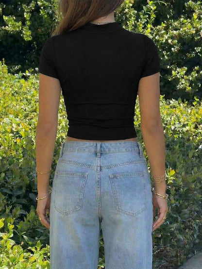 Women's Fashionable Elegant Casual Zip-Up Half Placket Short Sleeve Top Black Summer