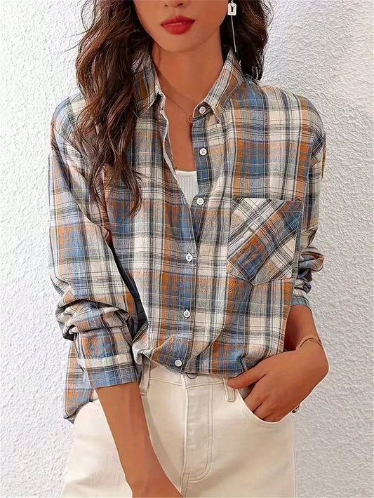 Women's Front Button Long Sleeve Pocket Plaid Minimalist Casual Shirt Random Cut