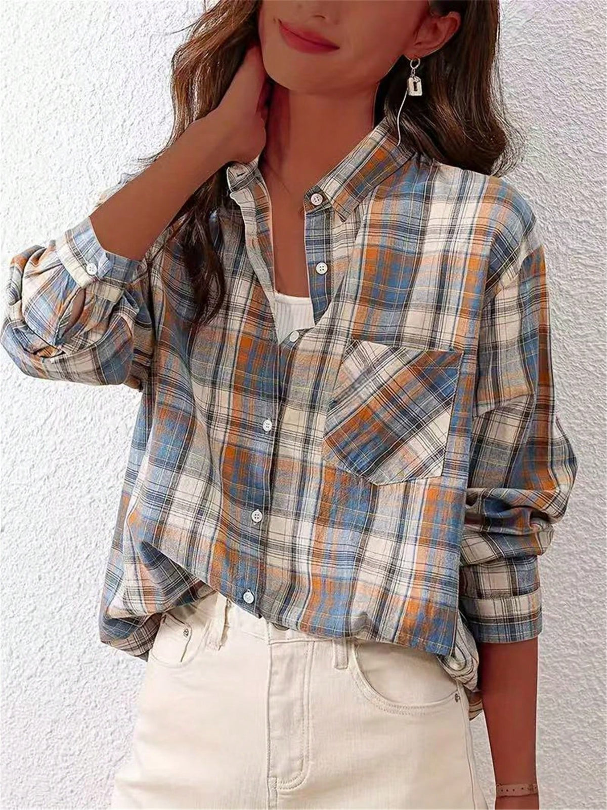 Women's Front Button Long Sleeve Pocket Plaid Minimalist Casual Shirt Random Cut
