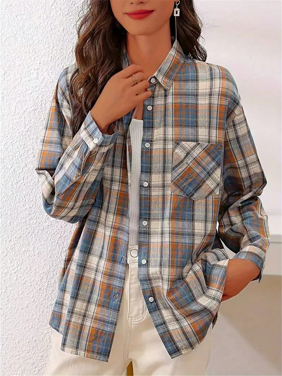 Women's Front Button Long Sleeve Pocket Plaid Minimalist Casual Shirt Random Cut