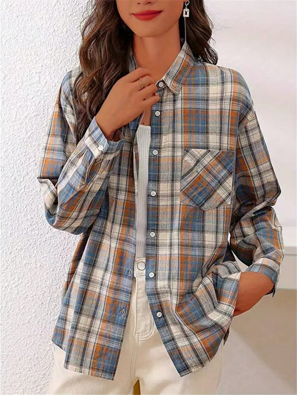 Women's Front Button Long Sleeve Pocket Plaid Minimalist Casual Shirt Random Cut
