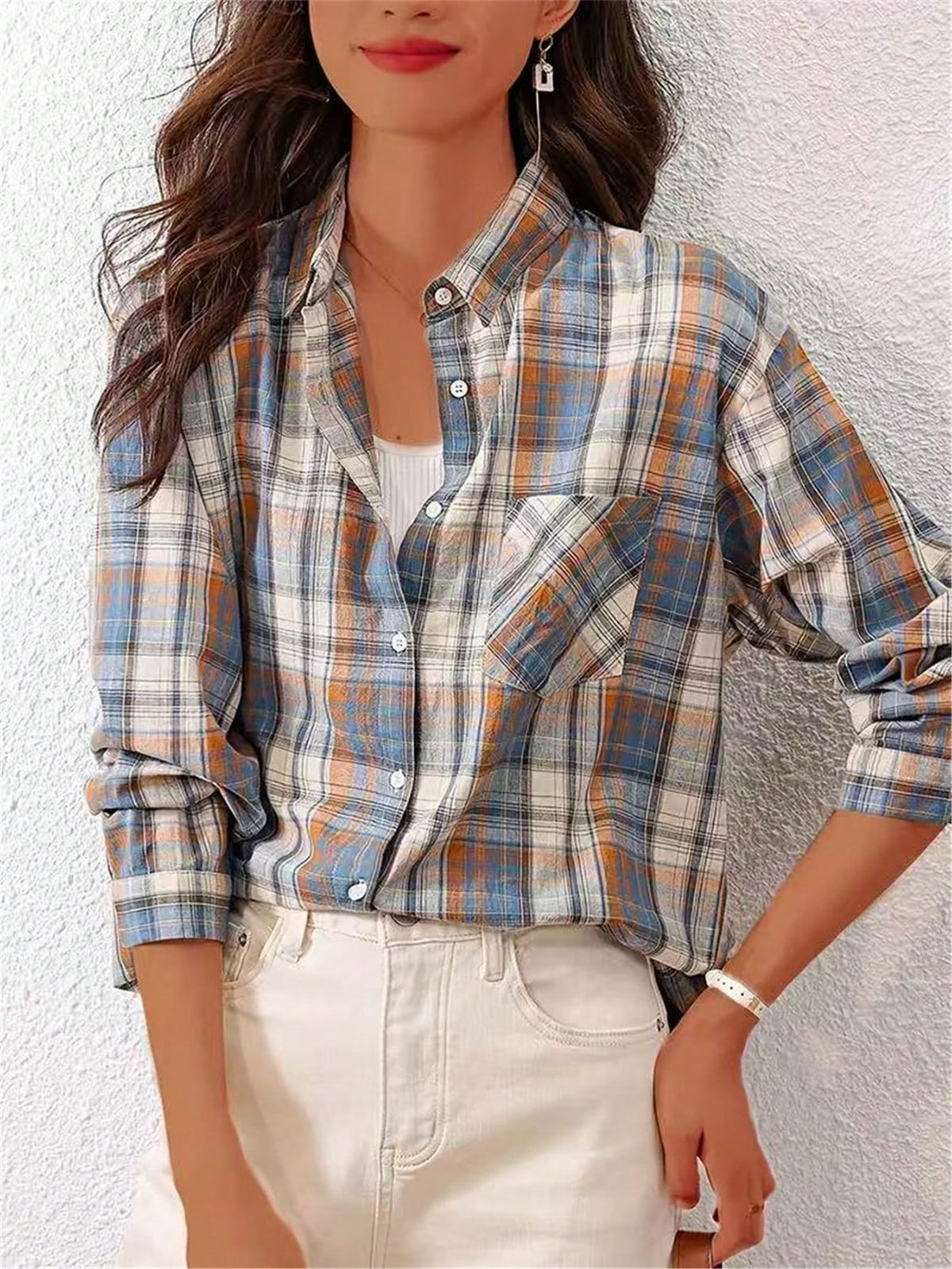 Women's Front Button Long Sleeve Pocket Plaid Minimalist Casual Shirt Random Cut