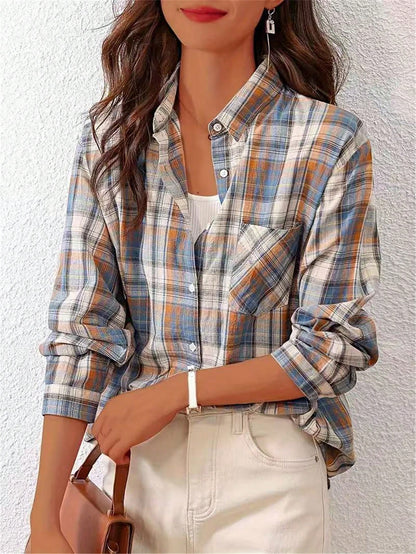 Women's Front Button Long Sleeve Pocket Plaid Minimalist Casual Shirt Random Cut