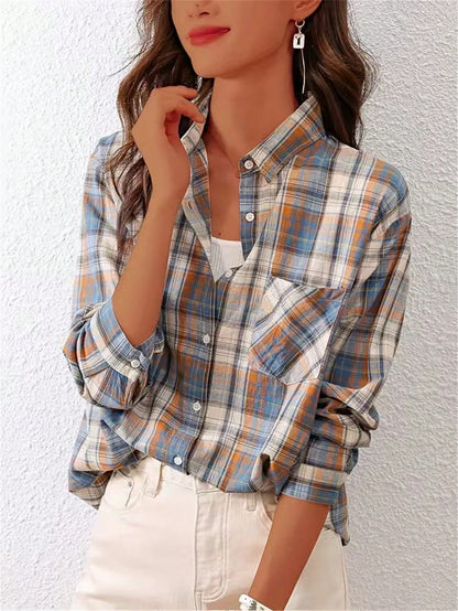 Women's Front Button Long Sleeve Pocket Plaid Minimalist Casual Shirt Random Cut