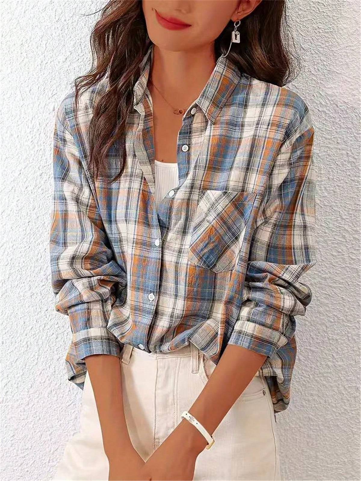 Women's Front Button Long Sleeve Pocket Plaid Minimalist Casual Shirt Random Cut
