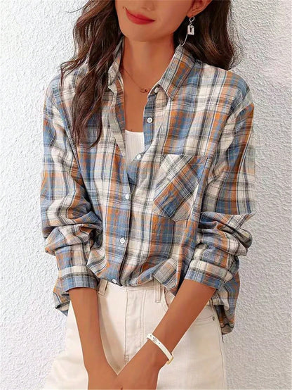 Women's Front Button Long Sleeve Pocket Plaid Minimalist Casual Shirt Random Cut