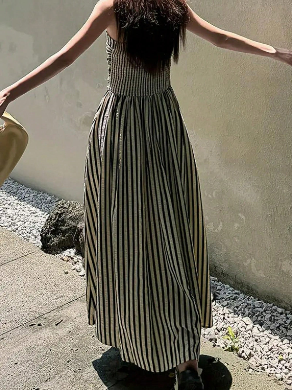 Women's High Quality Striped Print Vacation Dress, Ruched Waist A-Line Dress Black Summer Party Elegant
