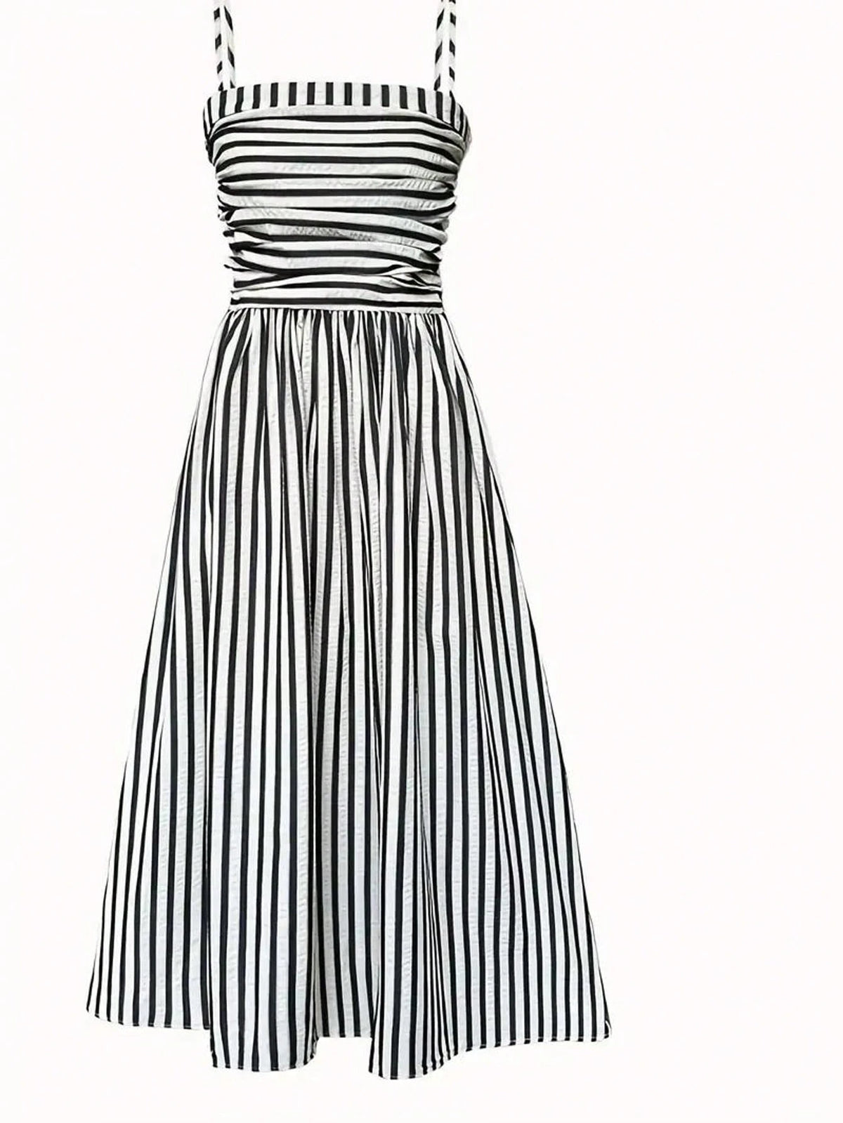 Women's High Quality Striped Print Vacation Dress, Ruched Waist A-Line Dress Black Summer Party Elegant