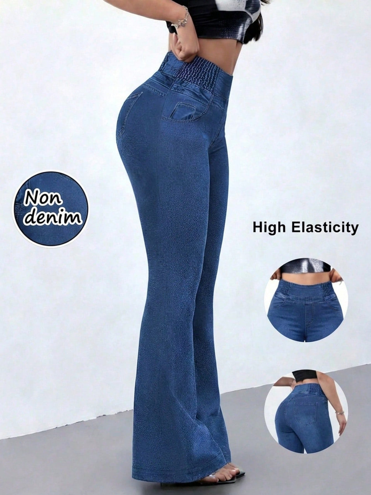 Women's High Stretch Flare Pants With Denim Print- Slim Retro Style Trousers, Comfortable Breathable Casual