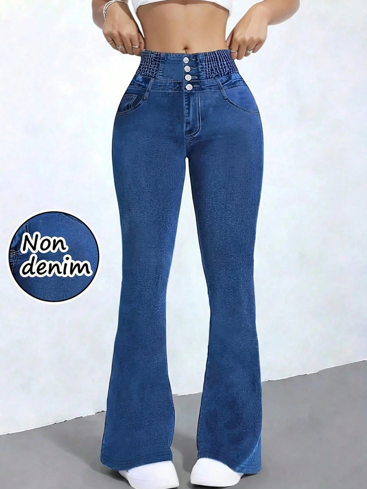 Women's High Stretch Flare Pants With Denim Print- Slim Retro Style Trousers, Comfortable Breathable Casual
