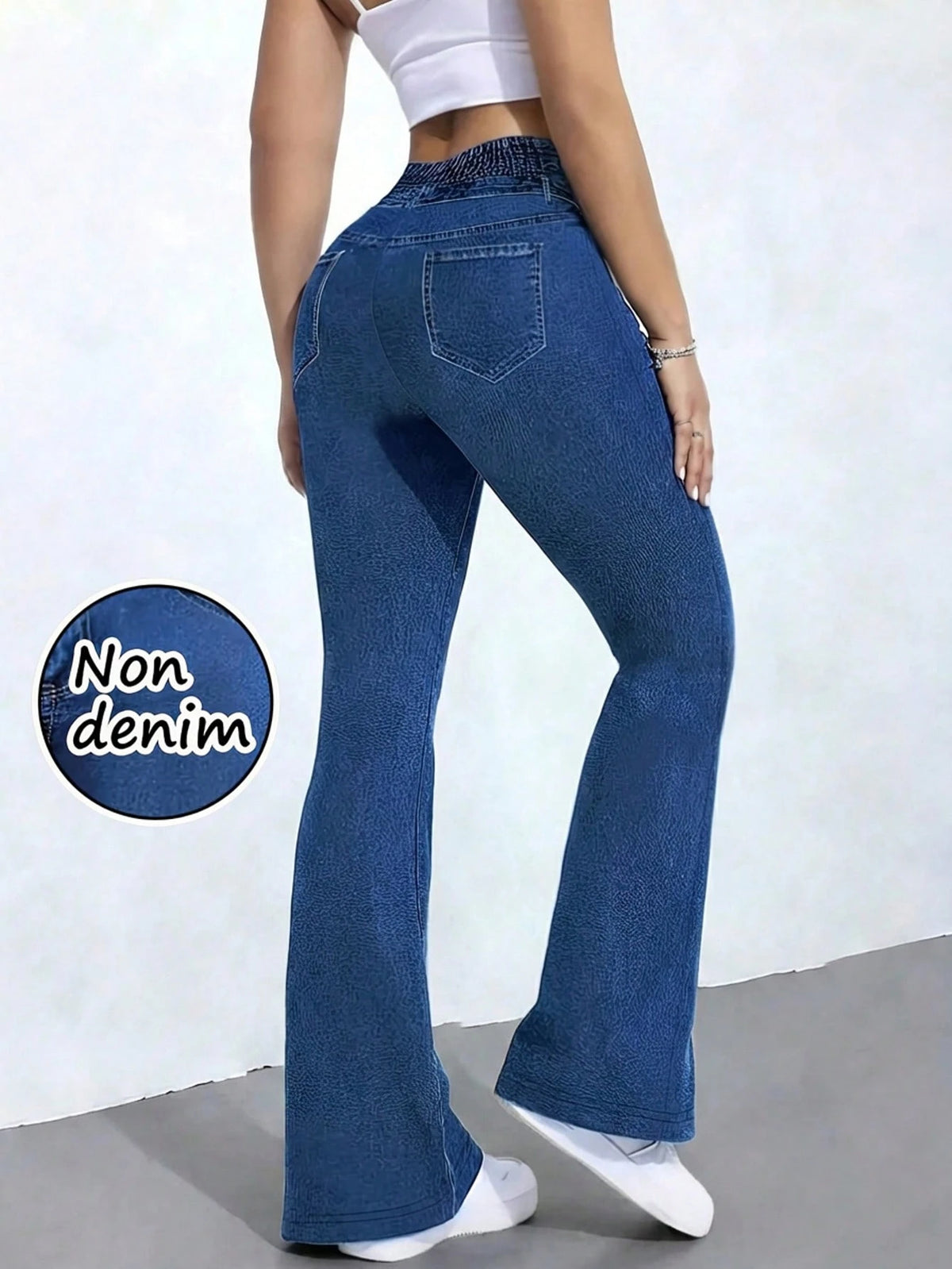 Women's High Stretch Flare Pants With Denim Print- Slim Retro Style Trousers, Comfortable Breathable Casual