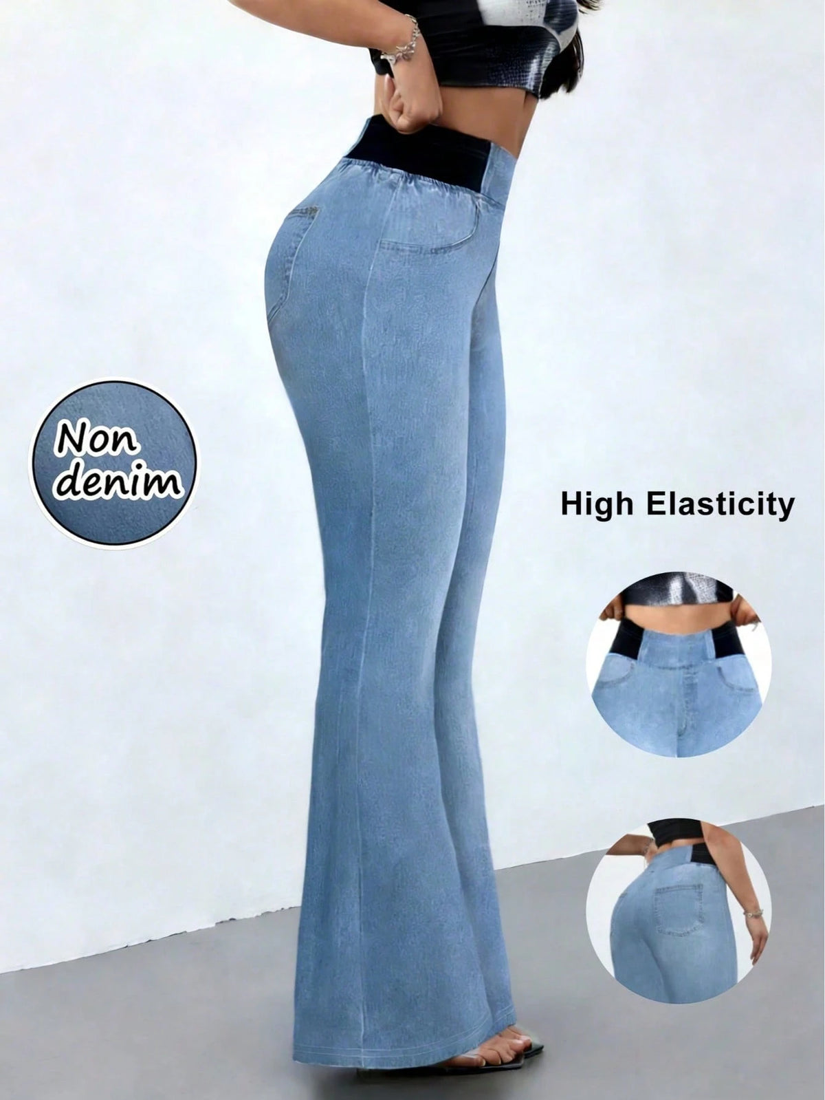 Women's High Stretch Flare Pants With Denim Print- Slim Retro Style Trousers, Comfortable Breathable Casual