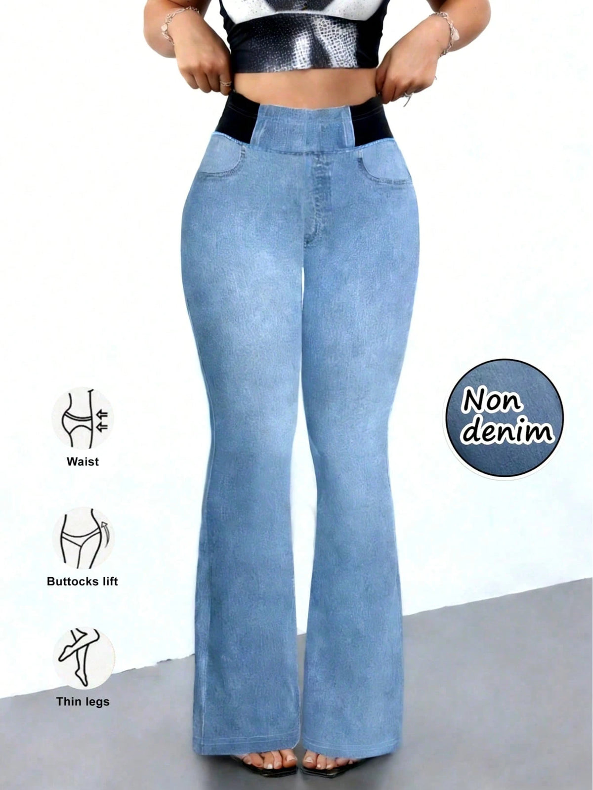 Women's High Stretch Flare Pants With Denim Print- Slim Retro Style Trousers, Comfortable Breathable Casual