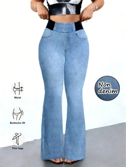 Women's High Stretch Flare Pants With Denim Print- Slim Retro Style Trousers, Comfortable Breathable Casual
