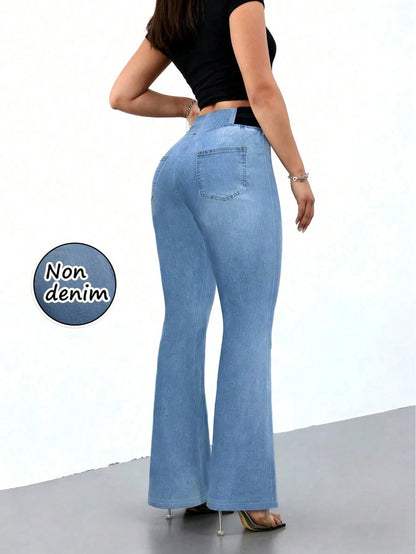 Women's High Stretch Flare Pants With Denim Print- Slim Retro Style Trousers, Comfortable Breathable Casual