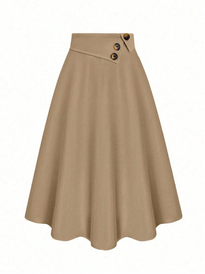 Women's High Waist A-Line Skirt,Khaki,Summer,Casual,Office Versatile Elastic Waist Flared Swing Skirts With Button Decor,Woven Twill Fabric,Apricot