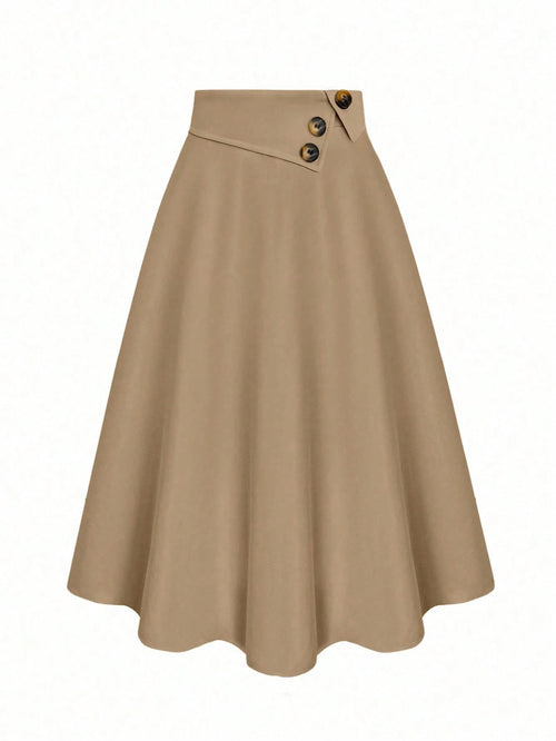 Women's High Waist A-Line Skirt,Khaki,Summer,Casual,Office Versatile Elastic Waist Flared Swing Skirts With Button Decor,Woven Twill Fabric,Apricot