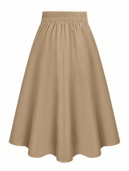 Women's High Waist A-Line Skirt,Khaki,Summer,Casual,Office Versatile Elastic Waist Flared Swing Skirts With Button Decor,Woven Twill Fabric,Apricot