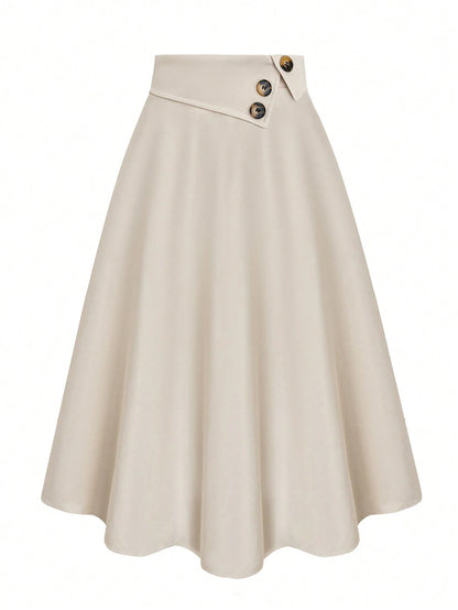 Women's High Waist A-Line Skirt,Khaki,Summer,Casual,Office Versatile Elastic Waist Flared Swing Skirts With Button Decor,Woven Twill Fabric,Apricot