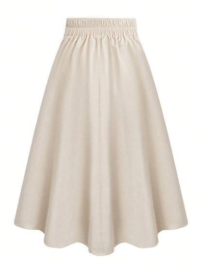 Women's High Waist A-Line Skirt,Khaki,Summer,Casual,Office Versatile Elastic Waist Flared Swing Skirts With Button Decor,Woven Twill Fabric,Apricot
