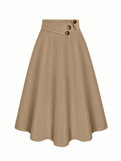 Women's High Waist A-Line Skirt,Khaki,Summer,Casual,Office Versatile Elastic Waist Flared Swing Skirts With Button Decor,Woven Twill Fabric,Apricot