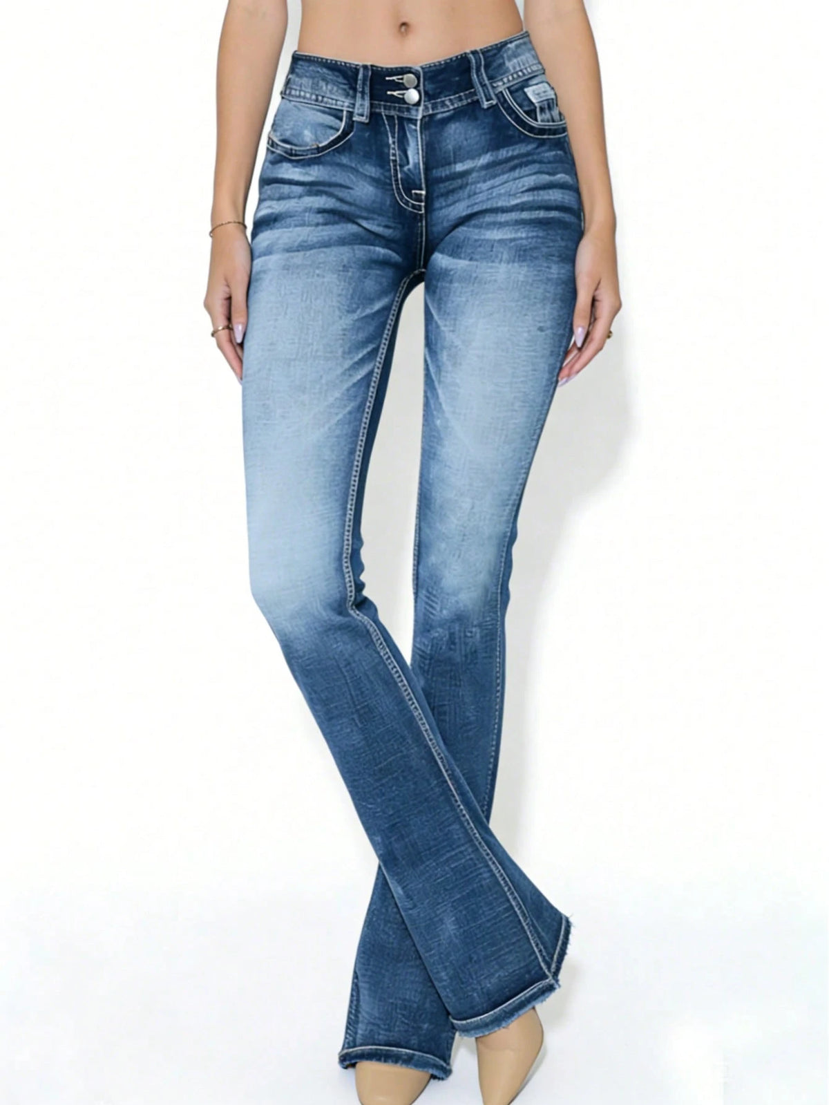 Women's High Waist Flare Leg Jeans Casual Button Fly Pocket Embroidered Design Bell Bottom Denim Straight Leg Jeans Double-Breasted Bootcut Pants Womenswear Bottom For Daily Wear