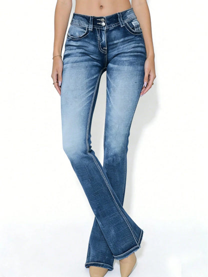 Women's High Waist Flare Leg Jeans Casual Button Fly Pocket Embroidered Design Bell Bottom Denim Straight Leg Jeans Double-Breasted Bootcut Pants Womenswear Bottom For Daily Wear