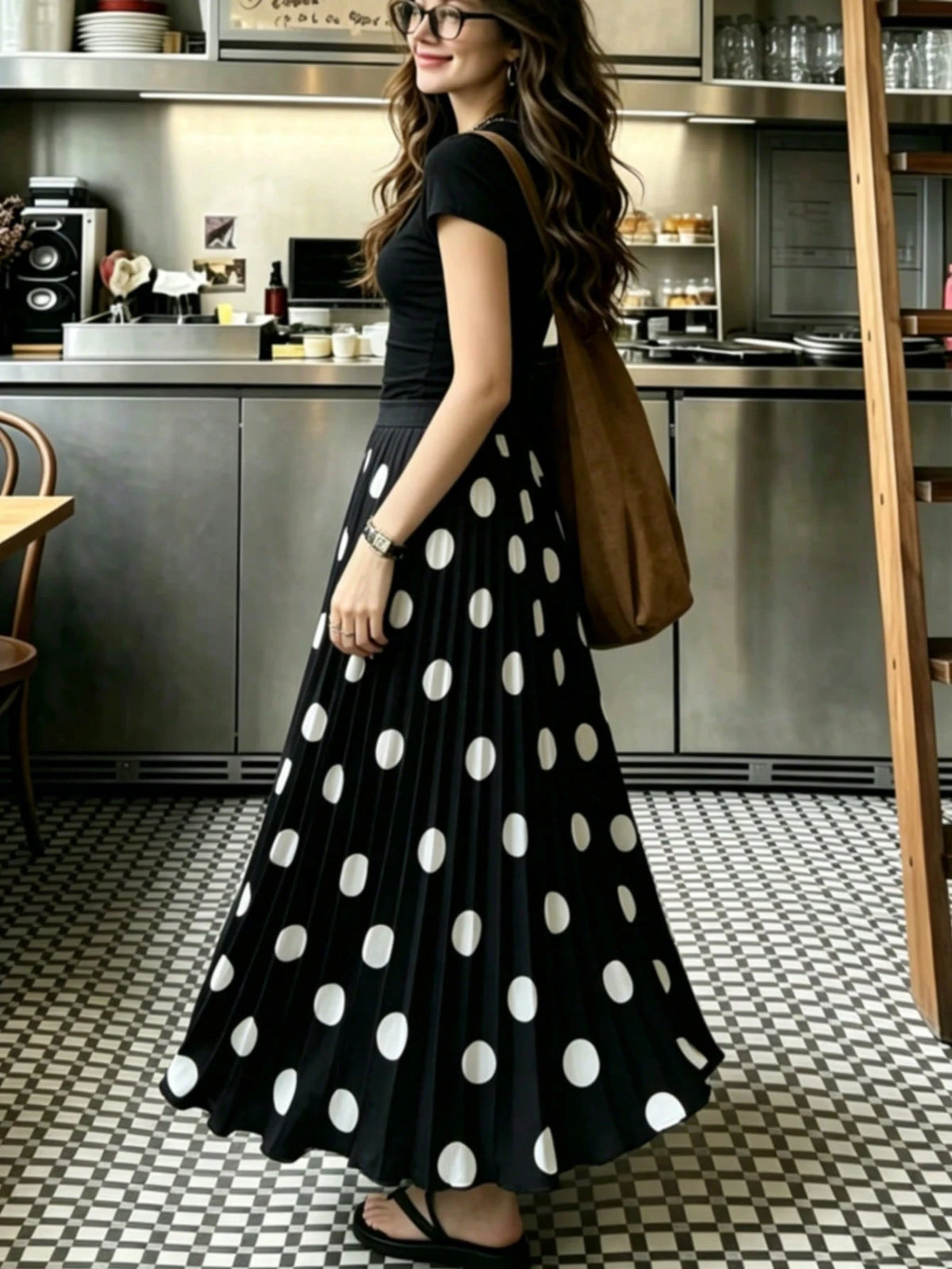 Women's High-Waisted Pleated Romantic Polka Dot Black & White Long Skirt, Elegant For Work, Casual, Beach, Resort, Afternoon Tea, Home Comfort, Young Style, Spring/Summer New Arrival