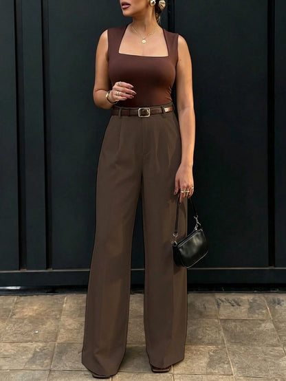 Women's High-Waisted Slim Fit Wide Leg Pants In Coffee Brown, Bohemian Street Style, Suitable For Spring/Summer Daily Wear, Work Commute, Vacation, Fashionable And Elegant (Belt Not Included), Effortl