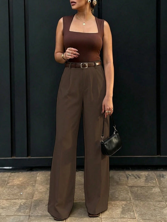 Women's High-Waisted Slim Fit Wide Leg Pants In Coffee Brown, Bohemian Street Style, Suitable For Spring/Summer Daily Wear, Work Commute, Vacation, Fashionable And Elegant (Belt Not Included), Effortl