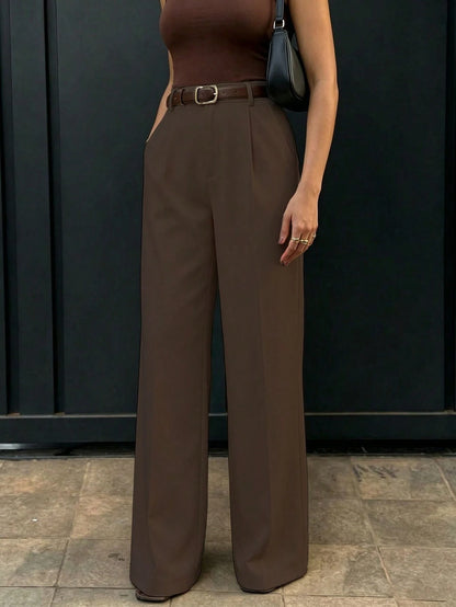Women's High-Waisted Slim Fit Wide Leg Pants In Coffee Brown, Bohemian Street Style, Suitable For Spring/Summer Daily Wear, Work Commute, Vacation, Fashionable And Elegant (Belt Not Included), Effortl