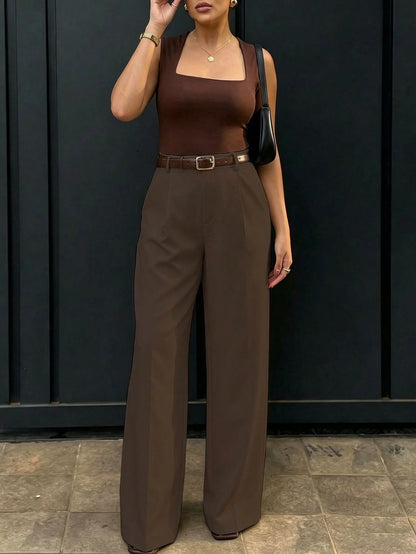 Women's High-Waisted Slim Fit Wide Leg Pants In Coffee Brown, Bohemian Street Style, Suitable For Spring/Summer Daily Wear, Work Commute, Vacation, Fashionable And Elegant (Belt Not Included), Effortl